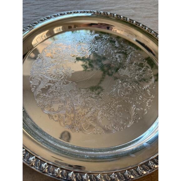 Large Vintage Round Silver Tray Rose Border - Picture 5 of 5